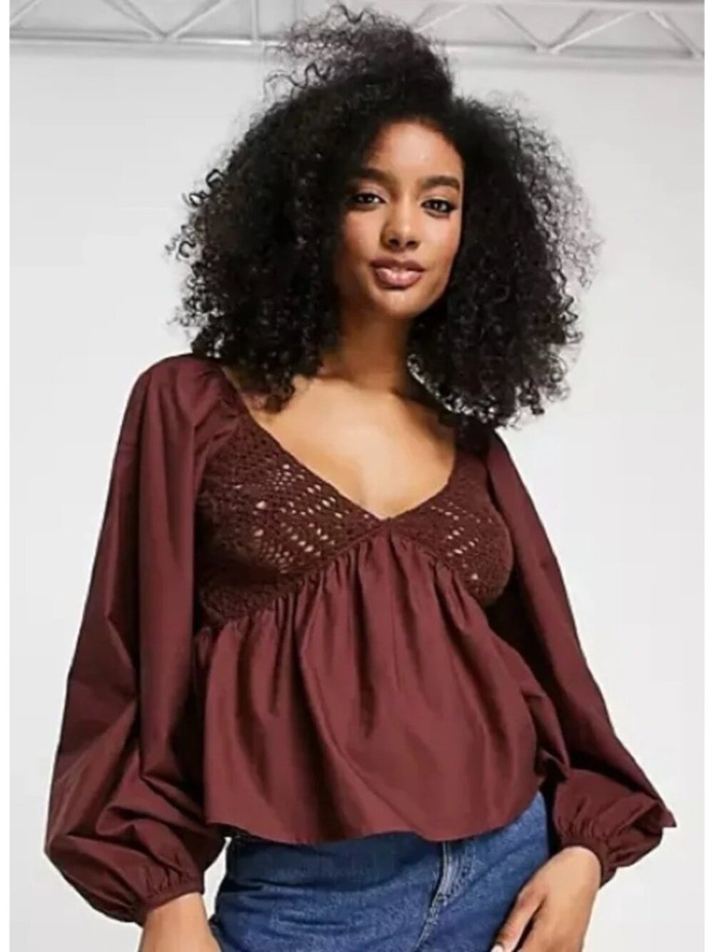 ASOS US 8 V-neck Crochet Baby Doll Top Chocolate Brown Boho Feminine